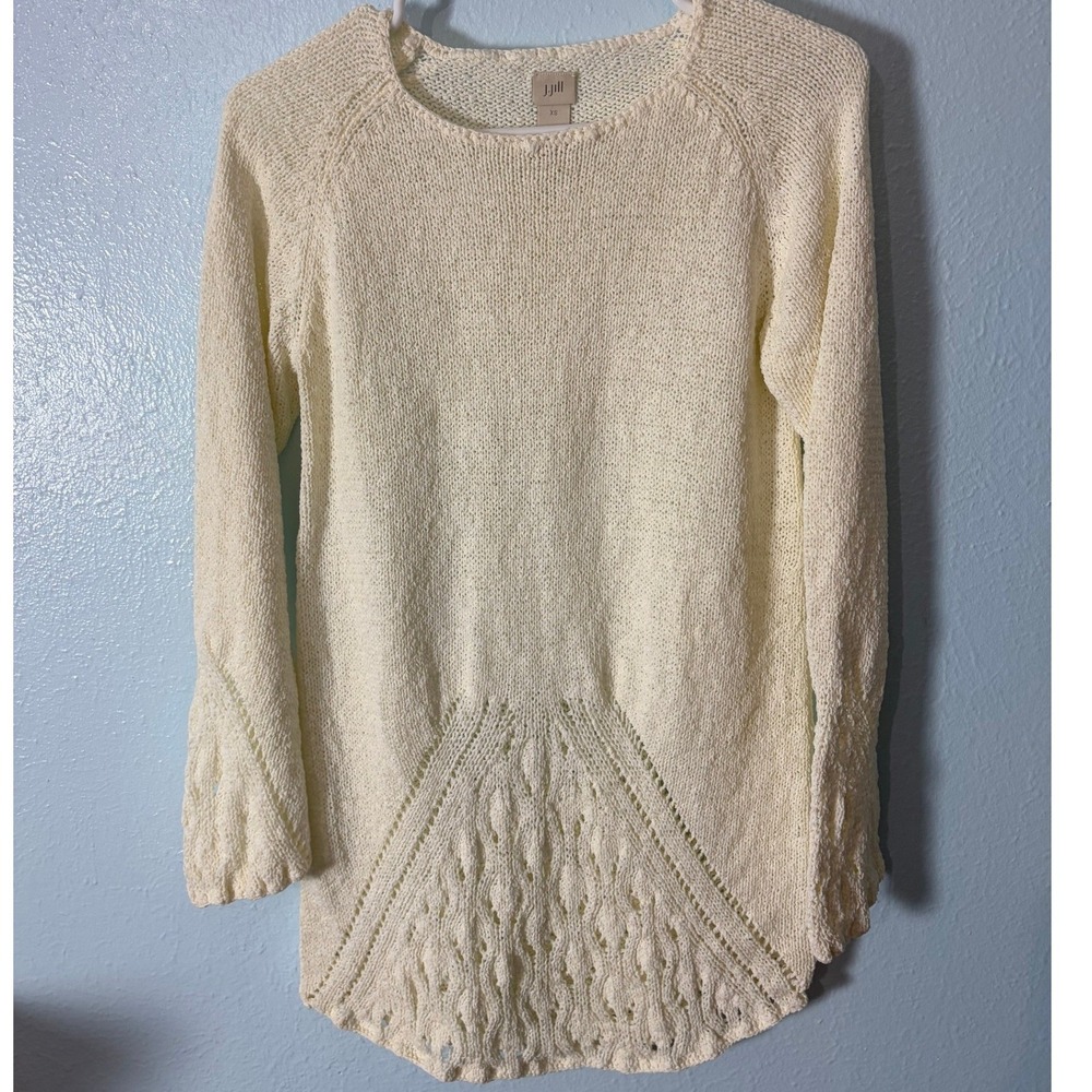 J. Jill Cream Knit Tunic Sweater Pointelle Cable Detail Long Sleeve XS Coastal
